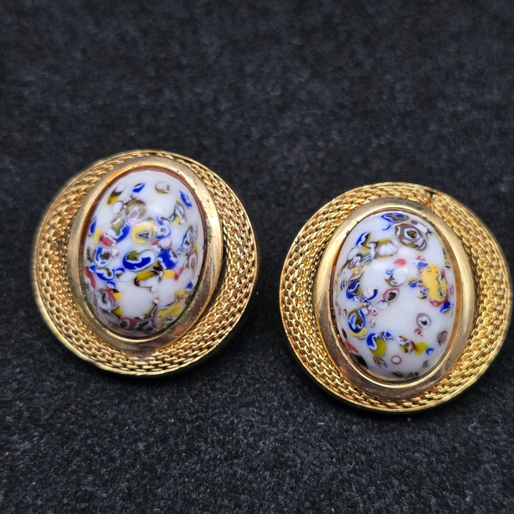 Vintage White Blue Millefiori Glass Clip On Earrings Gold Tone Mesh